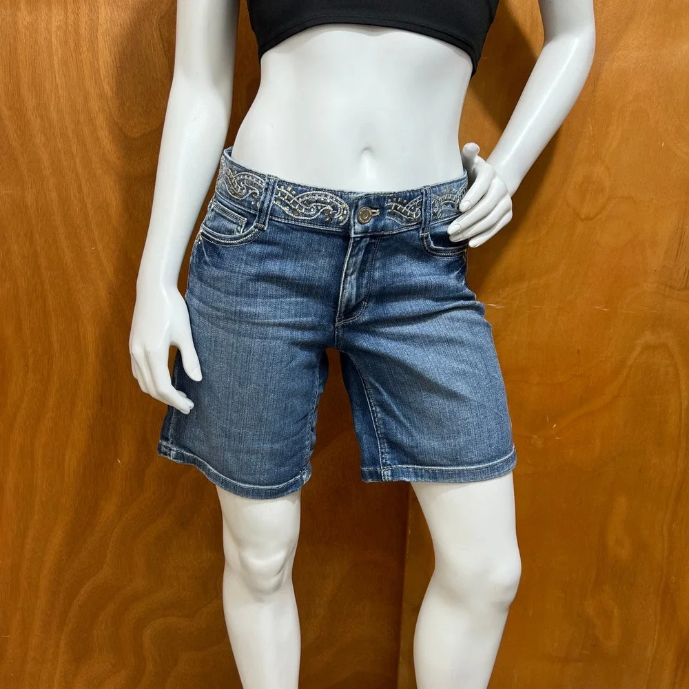 White House Black Market Embellished Denim Bermuda Shorts Sz 4 Jeweled Studded